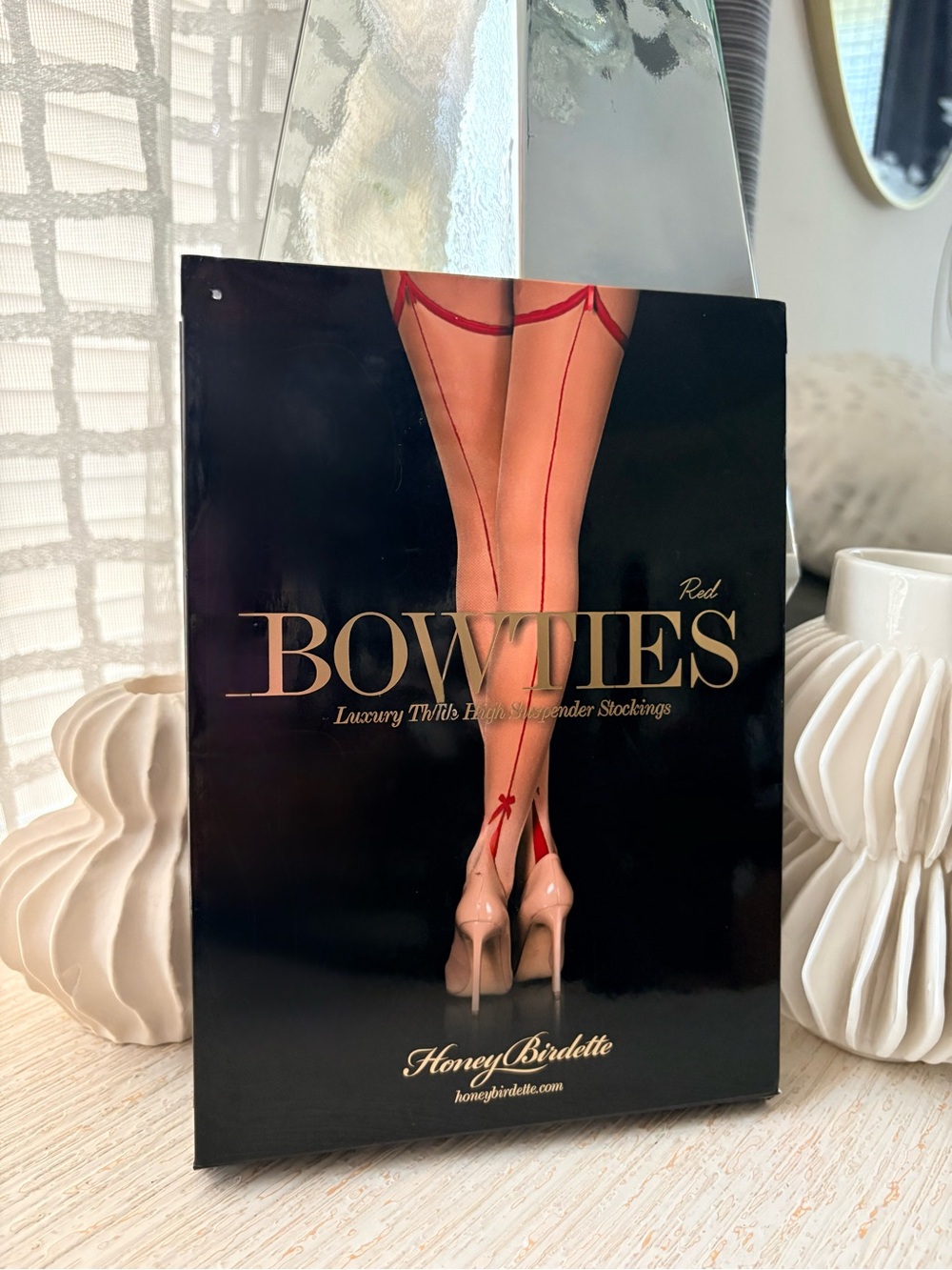 NWT Honey Birdette Red Bowties Luxury Thigh High Suspender Stockings Size S